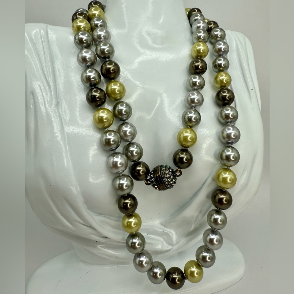 Heidi Daus Faux Pearl Necklace 36” — Multi-Tone Double Strand w Pave Screw Clasp - Picture 10 of 17